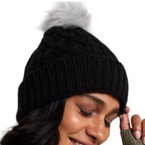 CALIA Black Cable Knit Pom Beanie